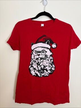 Tultex Red Short Sleeve Tee with Santa Cat Graphic